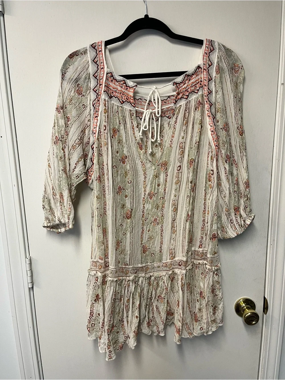 Free People Embroidered Floral Boho Mini Dress Tunic Size M